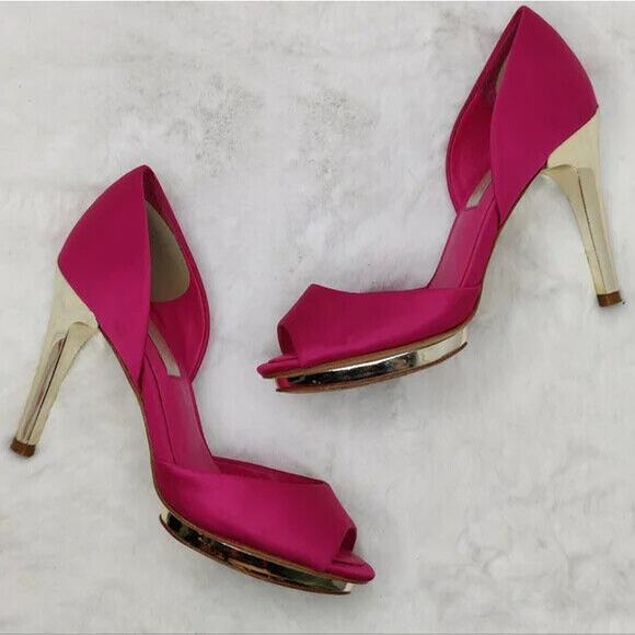 BCBG MaxAzria Hot Pink Satin peep toe pumps sz 5.5 - Picture 7 of 11